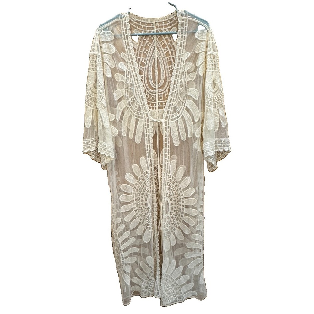 Cream Lace Fairy Embroidered Open Kimono Long Wide Sleeve Boho Hippie Sz Large